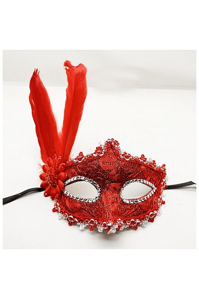 Skygo Red Color Feather Lace Eyes Prom Party Mask with Stones