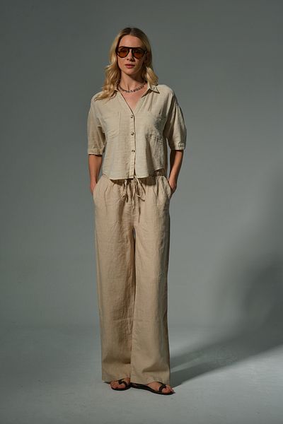 Maule 100% Linen Wide Leg Loose Fitting Lace up Elastic Women's Trousers @Leon