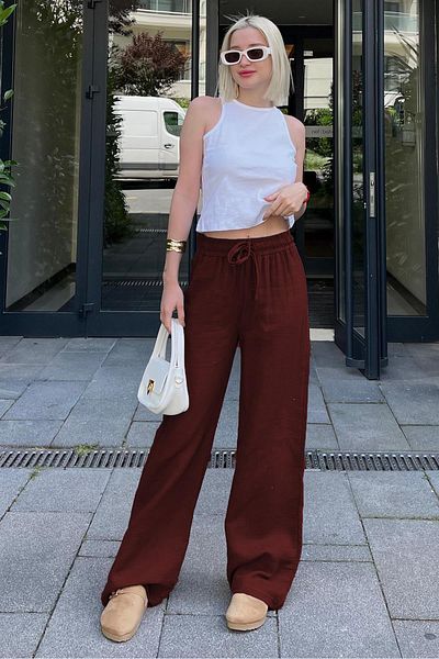 Madmext Burgundy Wide Leg Muslin Women's Trousers Mg1980