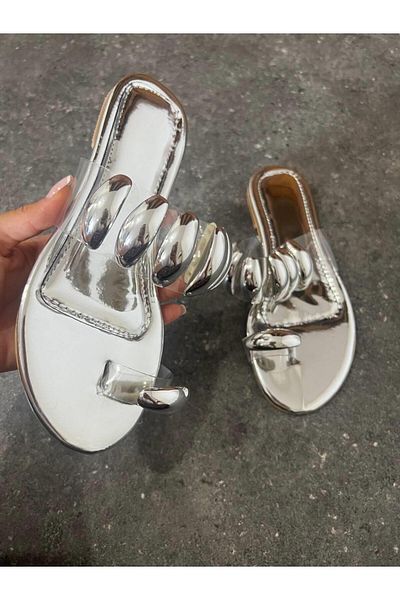diclepolat Elegra Silver Women's Slippers - Flat Sole, Transparent Flip Flops with Rhinestones