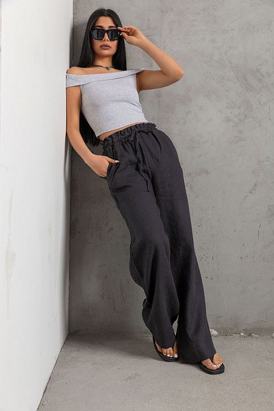 Maule 100% Linen Wide Leg Loose Fitting Lace up Elastic Women's Trousers @Leon