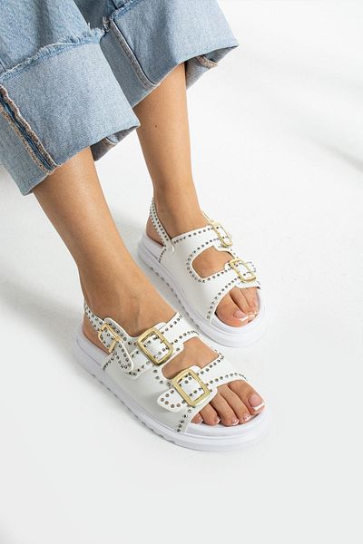 diclepolat White Stone Buckle Double Belted Orthopedic Women's Sandals - Voila