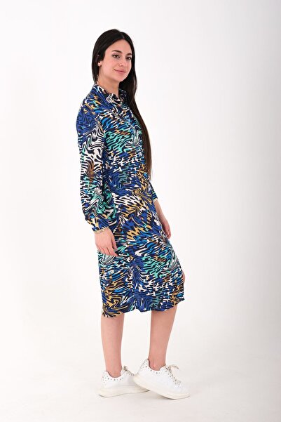 Blues Outlet KADIN MİNT DESENLİ BELİ LASTİKLİ SATEN ELBİSE-MAVİ