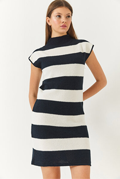 Bianco Lucci Rochie mini cu dungi pe jumătate de gât pentru femei 60261404