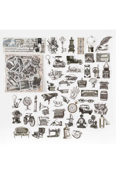SF SCRAPBOOK KIRTASİYE Retro & Vintage Sticker Seti – 50 Parça Eski Dönem Obj...