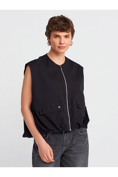 Dilvin 60571 Skirt Part Gathered Balloon Vest-Black