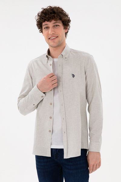 U.S. Polo Assn. قميص أساسي بيج بأكمام طويلة للرجال 50296757 -VR011