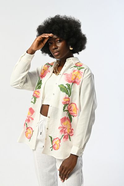 Orfeo Negro Women's Ecru Color Pink Flower Patterned Oversize Cut Shirt