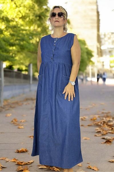 yagmurberen Rochie din denim cu buzunar dublu, fără mâneci și cu jumătate de nasturi