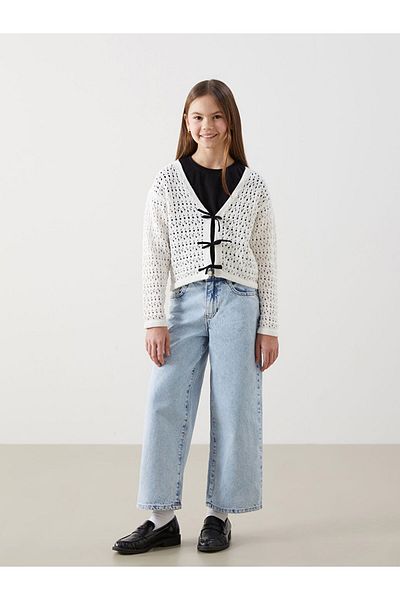 LC Waikiki V-Neck Openwork Girl's Knitwear Cardigan