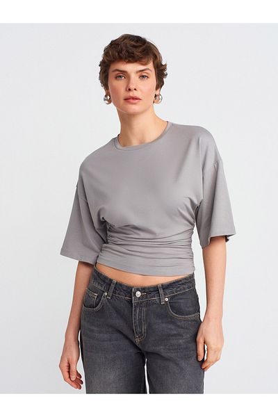 Dilvin 31610 Shirred Waist Crew Neck T-Shirt-Gray