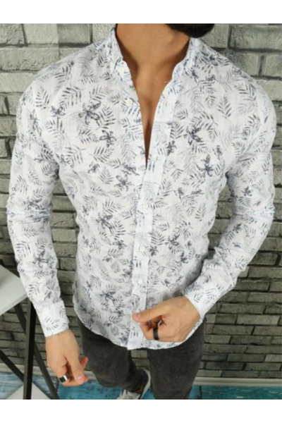 m.baba Erkek Uzun Kol Yaka Düğmeli Modern Slim Fit Dar Kesim Desenli Pamuklu ...