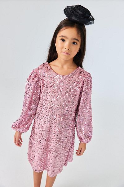 Le Mabelle Κοριτσίστικο φόρεμα Dusty Rose Velvet με παγιέτες - Oriel