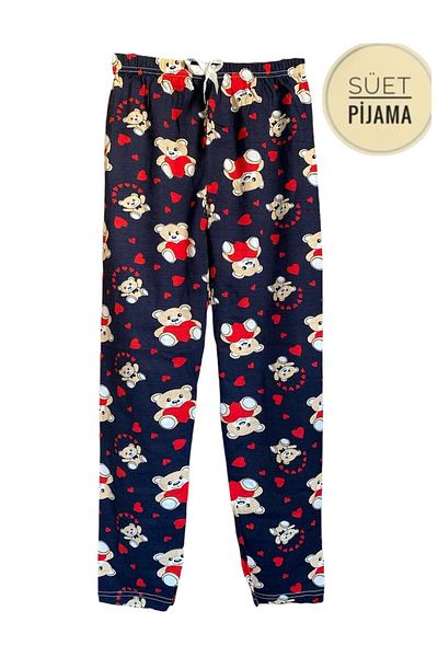 Line Smart Γυναικείο σουέτ Navy Blue Teddy Bear με μοτίβο χειμερινό ελαστικό άνετο πάτο πιτζάμα