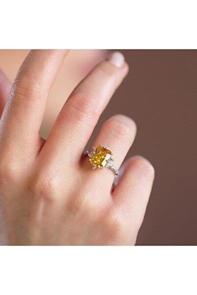 Necati Gün Sitrin Taşlı Kare Lotus Çiçeği Gümüş Yüzük