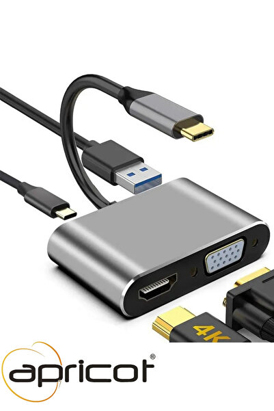 Apricot AP-USB46 4 in 1 Type C to, PD+HDMI+VGA+USB3.0 Çevirici Hub Adaptör Çe...
