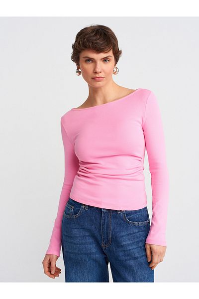 Dilvin 31401 Μαζευμένο Boat Neck Top-Ροζ