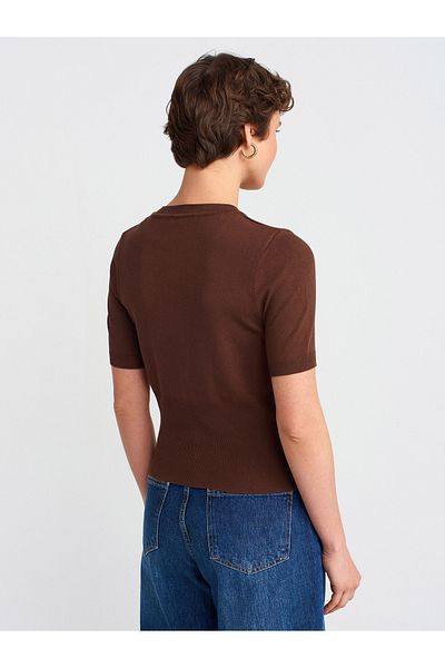 Dilvin 60965 Crew Neck Buttoned Knitwear Cardigan-Brown