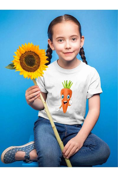 WİDİ Tricou alb pentru copii, 100% bumbac, cu imprimeu morcov