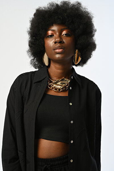 Orfeo Negro Women's Black Color Bird Patterned 100% Cotton Oversize Cut Shirt