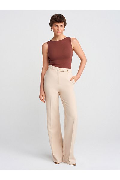 Dilvin 71610 Wide Leg Fabric Trousers-Ecru