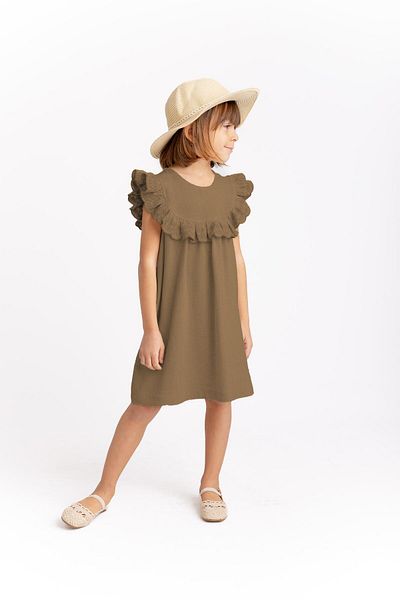 Oliven The Kid Robadan Ruffle Κεντημένο Λινό Κοριτσίστικο Φόρεμα Καραμέλα