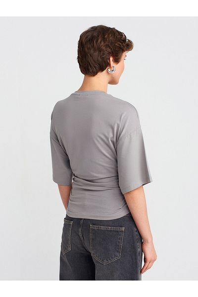 Dilvin 31610 Shirred Waist Crew Neck T-Shirt-Gray