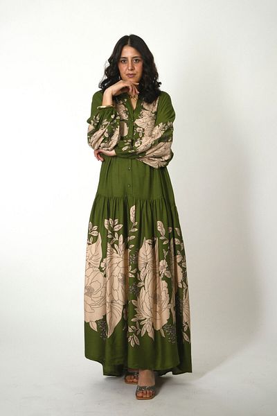 ABBRA Women's Prevailing Neck Balloon Sleeve Loose 100% Viscose Summer Dress