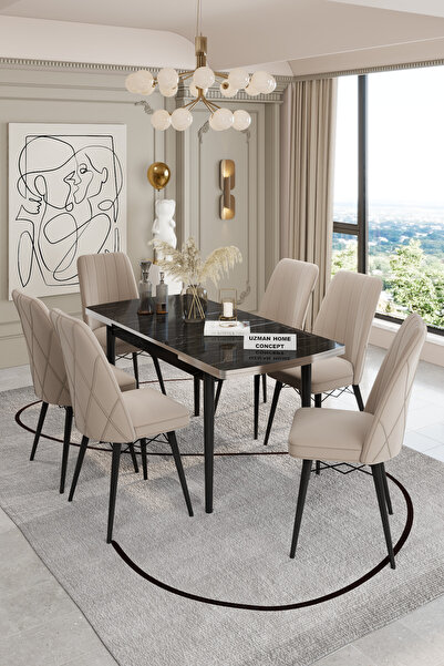 UZMHOME ORKİDE YEMEK ODASI TAKIMI 6 KİŞİLİK BAYB FACE KUMAŞLI 6 SANDALYELİ