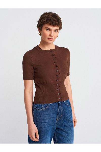 Dilvin 60965 Crew Neck Buttoned Knitwear Cardigan-Brown
