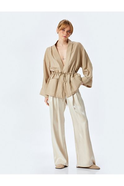 Koton High Waist Palazzo Satin Trousers with Pockets and Pleat Detail