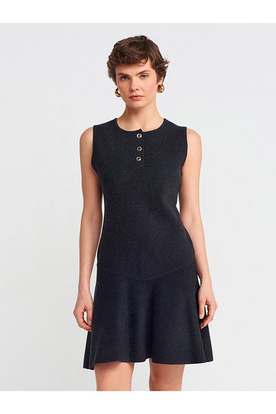 Dilvin 90244 Bike Collar Buttoned Flounces Knitwear Dress-Anthracite