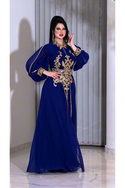 ZENABİYEM Zena Fashion Gold Embroidered Prevailing Neckline Belted Evening Dress