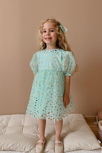 Le Mabelle Mint Short Sleeve Star Printed Girl's Dress - Bella