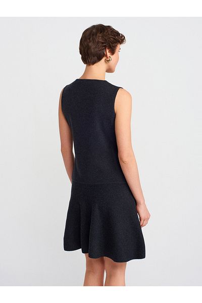 Dilvin 90244 Bike Collar Buttoned Flounces Knitwear Dress-Anthracite