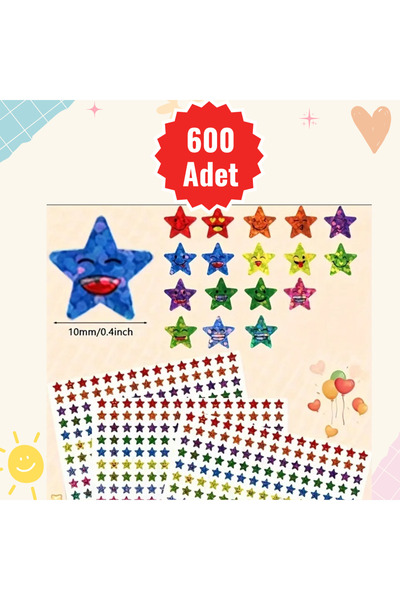 MUTLUYÜZ 600 Adet Parlak, Emojili - Yüz Ifadeli Parlak Yıldız Etiket, Sticker...