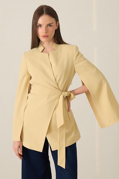 Setre Butter Yellow Sleeve Detailed Jacket with Tie Detail at the Waist