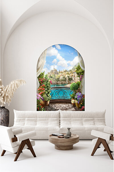 poster marketi Kendinden Yapışkanlı Şato Manzaralı Balkon Duvar Kağıdı - Lüks...