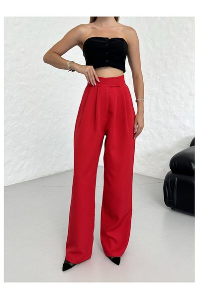 Elif Özbey Butik Red Waist Pleated Design Trousers
