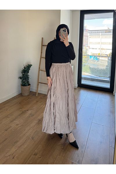 She Olive Kraş Skirt with Elastic Waist