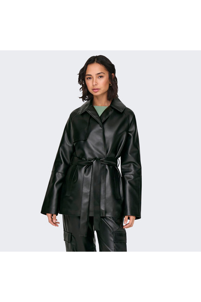 ONLY Κανονικό μαύρο γυναικείο μπουφάν ONLSOFIA FAUX LEATHER SHORT TRENCH CC