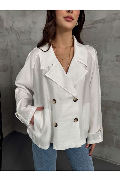 Elif Özbey Butik Ecru Short Trench with Epaulettes