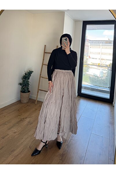 She Olive Kraş Skirt with Elastic Waist