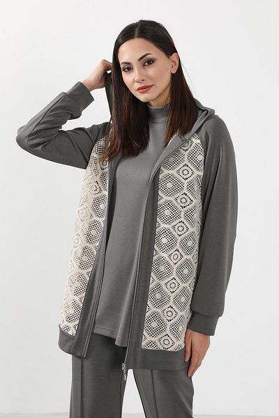 Aisha's Design Lace Detailed Zippered Hooded Cardigan Sweat,Sw-10