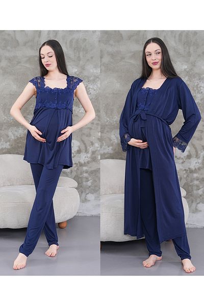 Lohussa Women's Navy Blue Lace Summer Special Design Cotton Maternity Maternity Dressing Gown Pajama Set Set