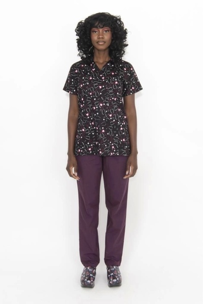 Moodamedikal Mürdüm Steteskop Desenli Likralı Kumaş Cerrahi Tek Üst V Yaka Forma