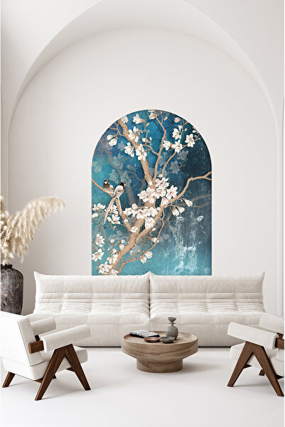 poster marketi Kendinden Yapışkanlı Mavi Arka Plan Beyaz Çiçek ve Kuş Desenli...