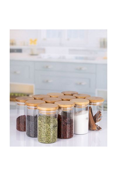 Pembelia Life 250 ml Set of 12 Borosilicate Eagles with Transparent Labels and Bamboo Lids