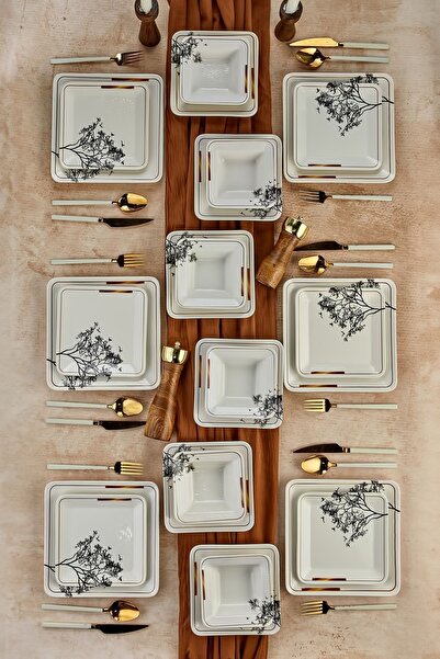 Erbaşlar 24 Parça 6 Kişilik Dilek Ağacı Kare Yemek Takımı - Lüx Yemek Takımı-1