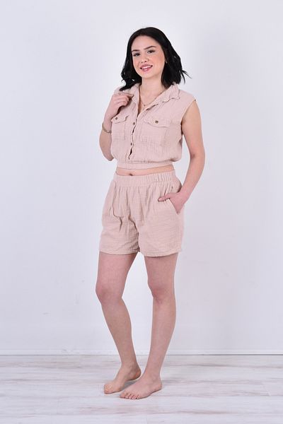 OTEXSA Natural Cotton Muslin Shorts Crop Set